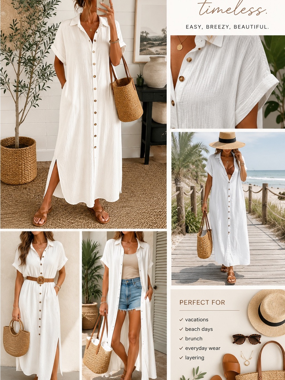 Women’s White Crinkle Gauze Button Front Maxi Shirt Dress XL Beach Resort